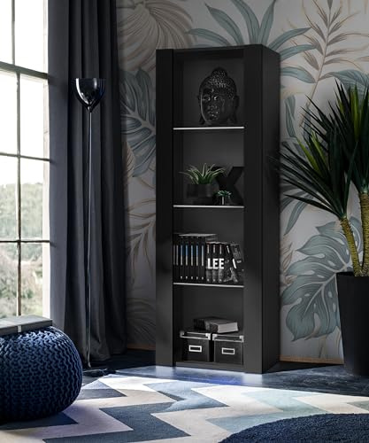 Komodee, Vitrine Schrank Tivoli, Schwarz/Schwarz, Breite 55cm x Höhe 159cm x Tiefe 35cm, 3 Regalböden, Glassvitrine für Wohnzimmer, Schlafzimmer, Eingang