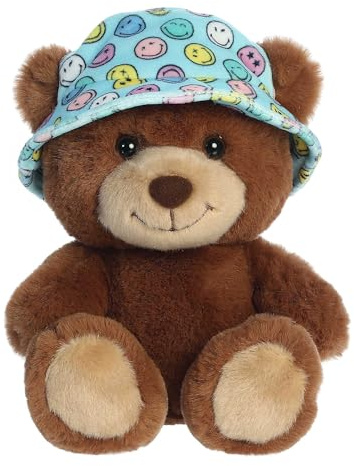 Aurora® Vibrant SmileyWorld® Bucket Hat Bear Stuffed Animal - Eye-Catching Designs for Retro Decor - Toys for Bedrooms, Birthday Gifts, and Celebrations - Brown 7 Inches