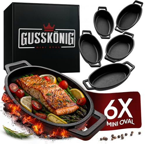 Gusskönig Servierpfannen Set - 6 ovale Gusseisen Grillpfännchen für Grill - Gusseisenpfanne klein 11x19 cm - eingebrannte Mini Pfanne