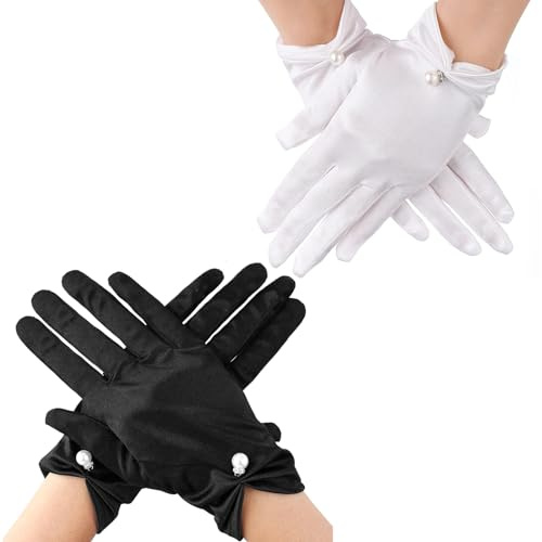 YanBous 2 Paires de Gants Courts en Satin pour Femmes - Gants de Mariée Élégants avec Poignet Fleuri en Dentelle pour Mariage, Opéra, Dîner Estival (Blanc/Noir)