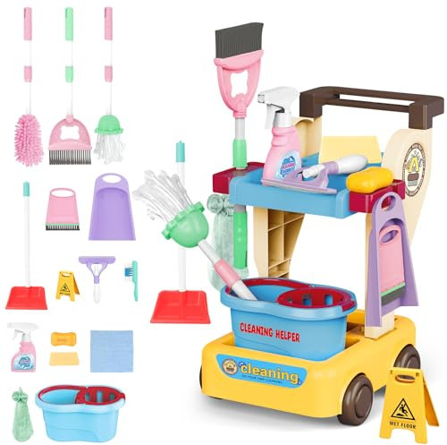 deAO Set Pulizie Bambini 17 Pezzi - Carrello Smontabile con Scopa, Paletta e Bottiglia Spray - Gioco Simulazione Educativa 2-5 Anni - Attrezzi Pulizia Giocattolo per Bambini，Apprendimento Montessori