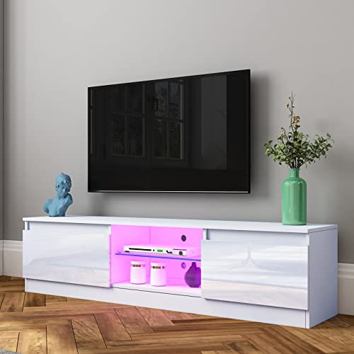 TV Schrank mit 2 Türen 2 Regale, TV-Ständer Hochglanz Front, 160cm TV Lowboard mit LED Beleuchtung, Fernsehschrank für Wohnzimmer, Esszimmer, Schlafzimmer, Weiß
