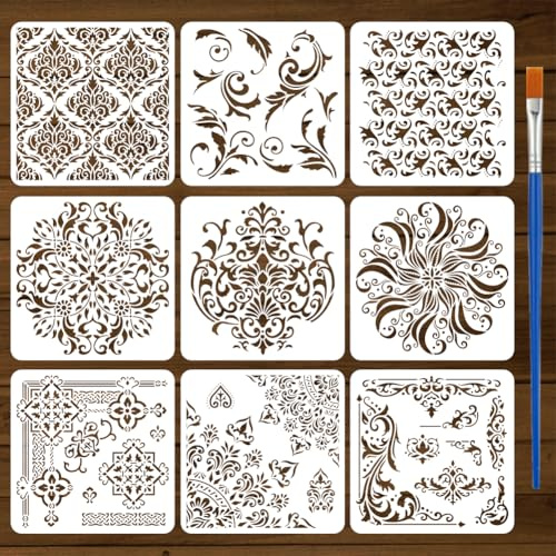 FINGERINSPIRE - 9 plantillas de pintura damascada con pincel, plantilla de dibujo de mandala con flores, borde de esquina, patrón DIY, plantilla reutilizable para pintar en madera, pared, tela