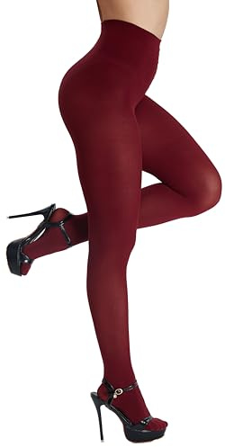 Viozocy women's Colorful Opaque High Waist Tights, 80 Denier Ultra Soft Stretch Pantyhose, Run-Resistant Footed Tights, 25+ Colors (Large-X-Large,Burgundy)