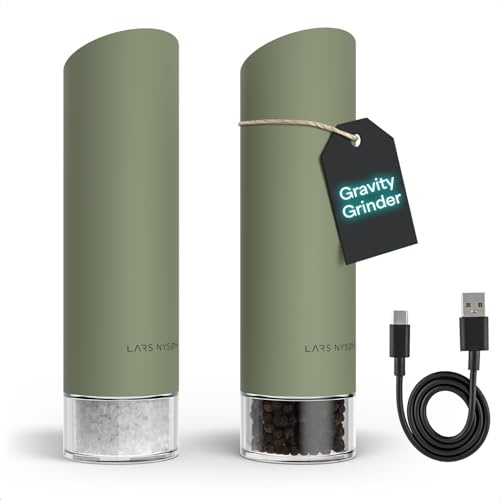 LARS NYSØM Gravity Grinder - Electric Salt & Pepper Grinder Set - USB-C Rechargeable Automatic Spice Grinder, Adjustable Coarseness, One-Handed Operation for Kitchen (Sage Green)