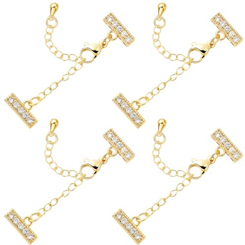 Beebeecraft 1 Scatola da 4 Pezzi di Fermagli per Gioielli Multifilo in Zirconia Cubica Estensori per Catena A Strati in Ottone Placcato Oro 18K Fermagli A Moschettone Estensori per Catena Regolabili