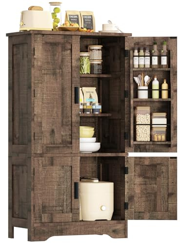 TEENFON Storage Cabinet with 4 Doors, 43.3 H Farmhouse Kitchen Cabinet with 6 Door Shelves, Kitchen Storage Cabinets with Adjustable Shelves, for Living Room, Antique Oak