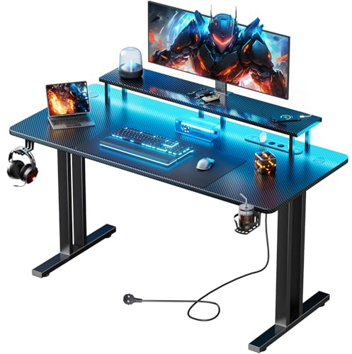 HLONONE Gaming Tisch mit LED, 140 x 60 cm Gaming Schreibtisch mit 3 Steckdosen und 2 USB Anschlüssen, Computertisch mit Monitorständer, Stabiler PC Gamer Tisch für Gaming und Büro, Schwarz