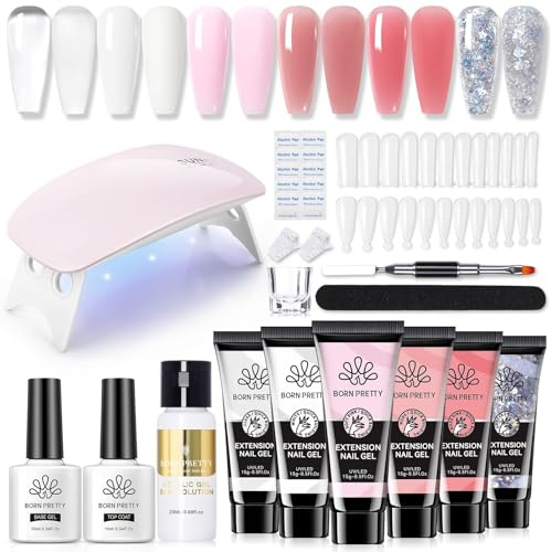BORN PRETTY Set di base per unghie in poligel con lampada UV, 6 colori, trasparente, bianco, nude, rosa, glitter e soluzione slip solution, base e top coat, kit di estensione per unghie in acrilico