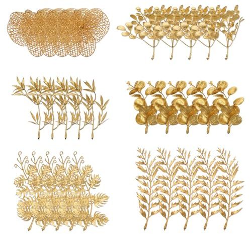 Lnngub 30 Pcs Gold Leaves Artificial Flowers Faux Branches Gold Flower Picks Fake Goldn Plants Foliage Stems for Wedding Picks Decor Centerpieces DIY Wreath Crafts Christmas Tree Filler