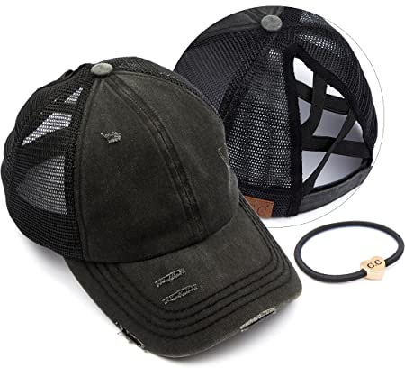 C.C Exclusives Washed Distressed Cotton Denim Criss-Cross Ponytail Hat Baseball Cap Bundle Hair Tie (BT-780) (Black)