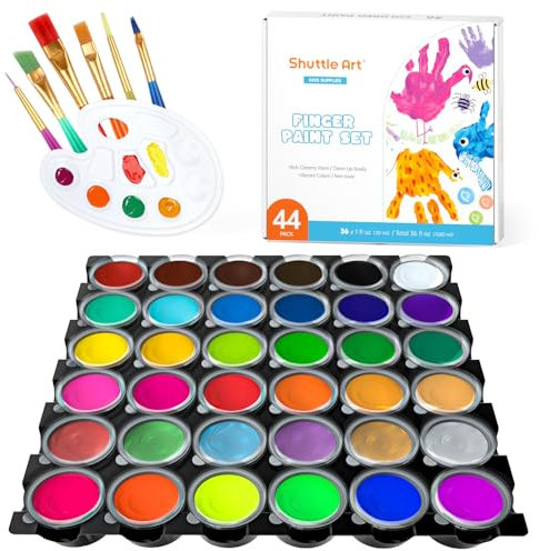 Shuttle Art Waschbare Fingermalfarben für Kind ungiftig, 44-teiliges Fingerfarben Set mit 36 Farben, Pinsel, Palette und Malbuch