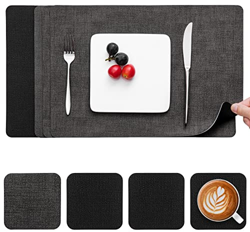 Myir JUN Placemats and Coasters Set of 4, Place Mats Dual Sided Faux Leather Table Mats PU Indoor Outdoor Heat Resistant Placemat Square Non Slip Wipeable Washable Dining Restaurant (Black Grey)