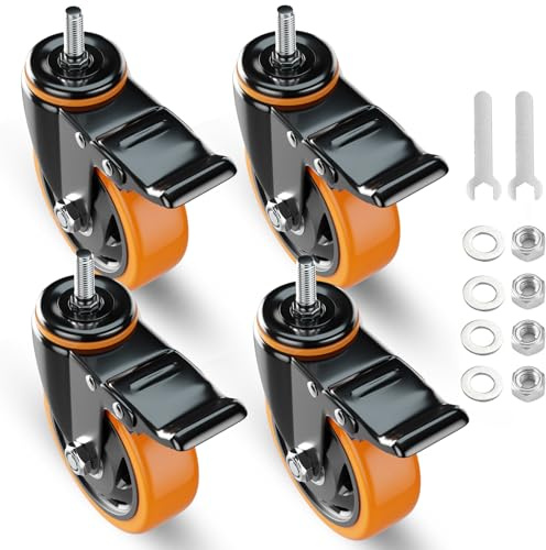 Ruedas de vástago de bloqueo total de 3 pulgadas con rosca de 3/8 a 16 x 1 pulgadas, rueda de bloqueo doble con frenos