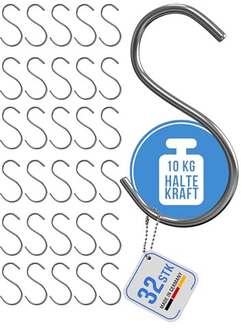 HOHAGE S Haken & Küchenhaken (32 Stk.) - starke & robuste S Haken Edelstahl Haken zum Einhängen - universell einsetzbar in Küche, Garten, Badezimmer oder für die Garderobe als Kleiderhaken