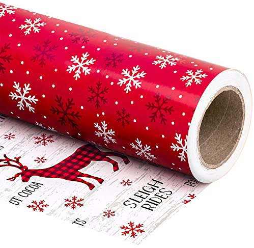 RUSPEPA Vändbart Julpapper - Mini Rulle - 43,2 cm X 10 M - Röda Vita Snöflingor Och Rendesign För Semester, Fester, Firanden