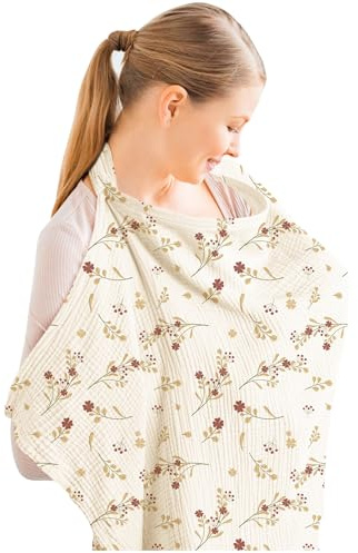 Konssy Muslin Nursing Cover for Baby Breastfeeding, Breathable 100% Cotton Breastfeeding Cover with Rigid Hoop for Mother Nursing Apron, Multi-use Carseat Canopy (Lovely Bouquet)