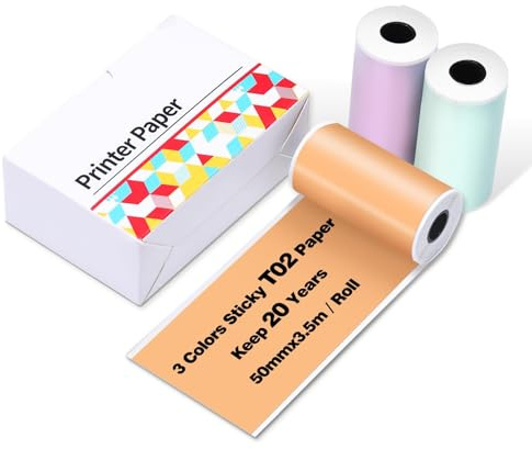 Ponek Purple/Green/Orange Thermal Paper, 20-Year Sticky 50mmx3.5m Mini Printer Paper for Journal, Photos, Texts, Study Notes and More, 3 Rolls, Compatible with T02/M02X/M02L/Y02C/Q02