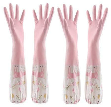 KOMUNJ Lot de 2 gants de cuisine imperméables à double cordon de serrage - Gants de cuisine longs antidérapants en caoutchouc - Pour cuisine, lave-vaisselle, détergent, ménage, nettoyage et hygiène
