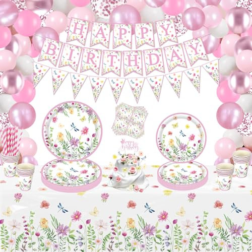 167 Pack Flores silvestres de primavera Decoración para fiestas Vajilla Floral Platos Globos Decoración Cumpleaños Bebé Shower Novia Fiesta de té en el jardín Para 20 personas