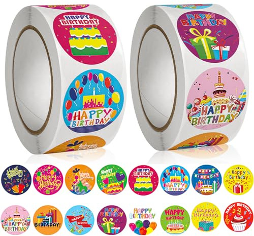 Lot de 1000 autocollants ronds « Happy Birthday » - 16 designs avec lignes de perforation pour la pâtisserie, les sacs cadeaux, les cartes d'anniversaire, les invités
