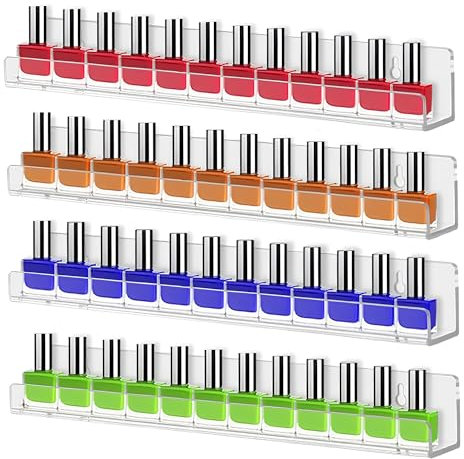 Accmuzzy 15 Inch Nail Polish Organiser,Nail Varnish Shelf,Clear Acrylic Nail Polish Stand Storage Holder 60 Bottles,Vinyl Wall Display Rack Nail Polish Shelves for Essential Oil,Paint (4 Tiers)
