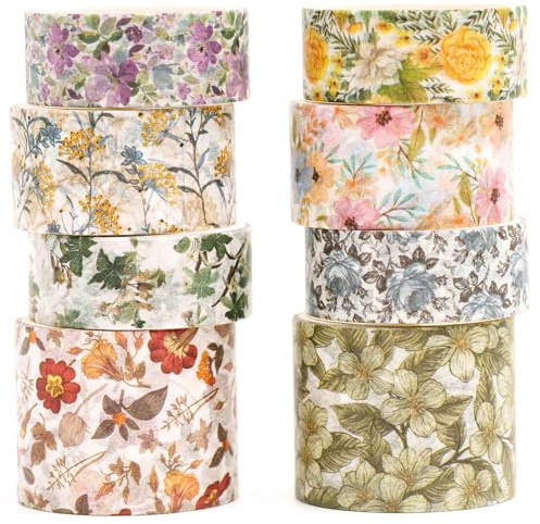 Songdao 8 rouleaux Washi Tape Set, Ruban Vintage Adhésif Décoratif Œuvre d’art inspirée Feuille d’or Masking Tapes pour Arts, Bullet Journal, Scrapbooking, Bricolage, Emballage (Flowers & Plants)