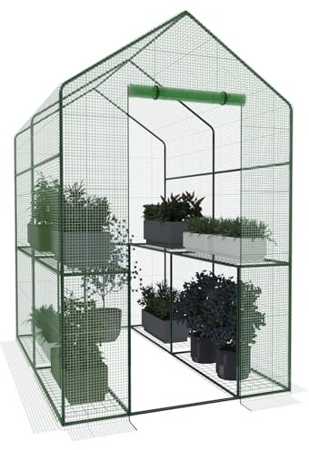 Serra Da Giardino Per Orto Con 4 Ripiani In Metallo Telaio In Acciaio Telo Retinato In Propilene Trasparente Porta Avvolgibile Apertura A Cerniera Protezione Piante Giardinaggio 186 x 120 x 190 Cm