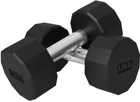 SPORTNOW Set 2 Manubri a 12 Lati da 2x12 kg in Metallo e Gomma, Set Manubri Palestra con Impugnatura Antiscivolo, 26x14x14 cm, Nero