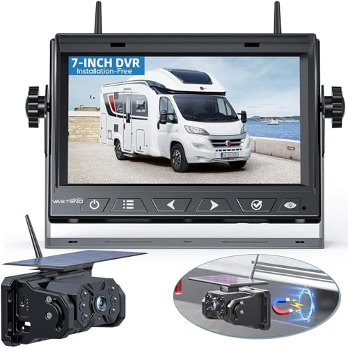 VASTEND Retrocamera Auto Wireless Solare, Magnetica Telecamera Retromarcia con 10000mAh Batteria Ricaricabile, 7 Pollici 1080P Monitor, 170° Grand Angolare, per Camion, Auto, Roulotte(VS-7A)