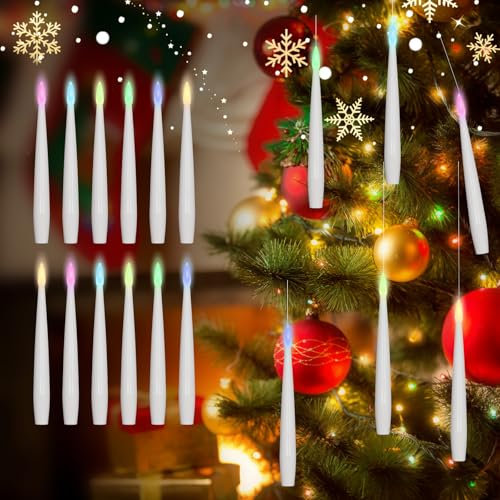 Soarling 12 Pack Floating Candle with Wand, Hanging LED Taper Candle, Flickering Flameless Light, Table Centrepiece Candles for Movie Night Birthday Halloween Christmas, Multicoloured