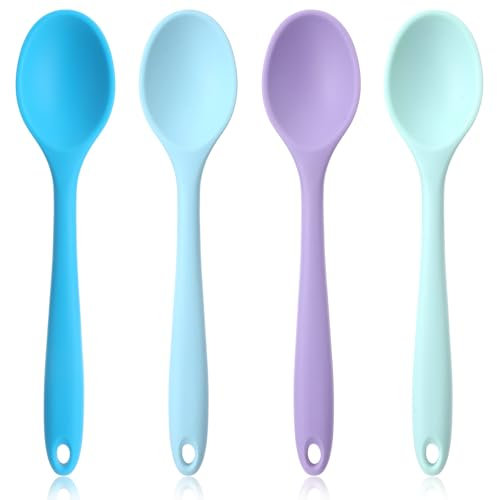 4 Stück Silikon Löffel, Bunte Silikonlöffel, Antihaft-Küchenlöffel, Klein Rührlöffel, Kochlöffel, Servierlöffel, Backen Rühren Mixing Tools zum Rühren und Mixen (Blau Hellblau Lila Cyan)