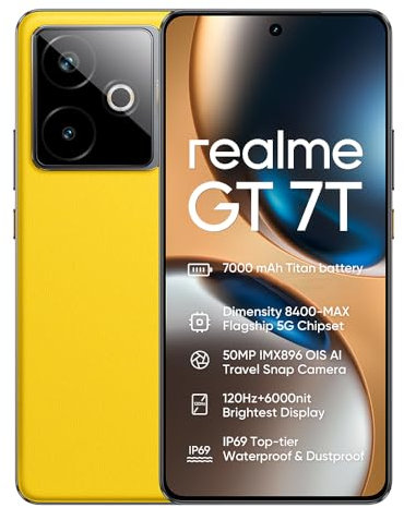 realme GT 7T 5G Smartphone,Batería 7000mAh,Dimensity 8400-MAX,Cámara 50 MP+32 MP,120Hz 6.78 Pantalla,12GB+256GB Telefono Movil,Dual SIM Android 15,NFC IP69, Sin Cargador,Amarillo