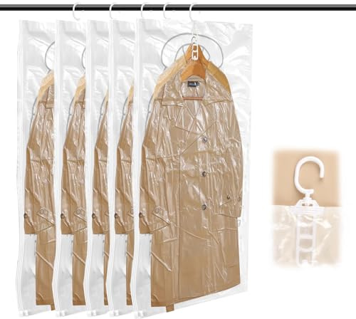 Sacs de Rangement Sous Vide, 5 Pièces Suspendu Sac Vêtements Sous Vide Aspirateur, Sac Compression Housse de Rangement Sous Vide Réutilisables, Accroche 4 Couches Chacun (110 x 70 cm)