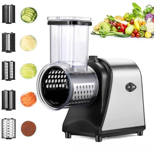 Taglia Verdure Elettrico 250W, 5-in-1 Professionale Grattugia Tritatutto con con Ampia Fessura, Affettaverdure Multifunzione con 5 Lame in Acciaio Inox per Verdure/Parmigiano/Frutta