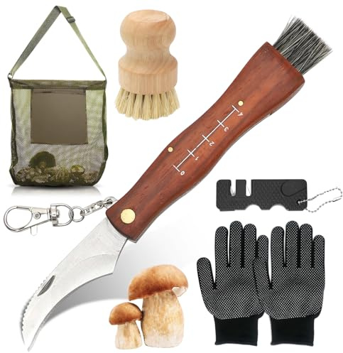 RANJIMA Navaja para Setas y Champiñones,Cuchillo Plegable con Cepillo,Bolsa de Caza de Hongos,Afilador de Cuchillos y Guantes,Micológica,Navaja Cuchillo de Acero Inoxidable para Recoger Setas,Camping