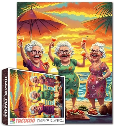 Laughing Ladies Jigsaw Puzzles for Adult 1000 Piece Old Woman Puzzles Wall Decor Happy Grandma’s Key Puzzles Sunday Outing Funny 20''x27”inch Family Game Challengings, Friendship Gift
