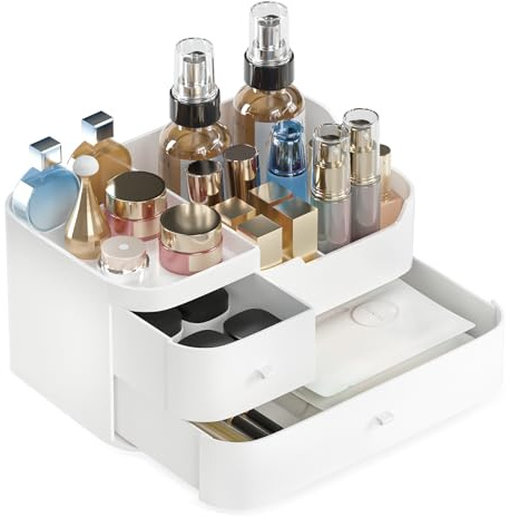 Sweetmirth Makeup Organiser Storage Box- Large Capacity Cosmetic & Skincare Display Case | Eco-Friendly Material | Compact Vanity Organiser for Bedroom & Bathroom-White
