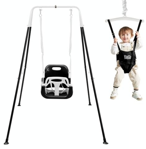 FUNLIO 2-in-1 Altalena e Altalena da Porta per Bambini, Altalena Resistenti con 4 Sacchi di Sabbia, Supporto in Metallo Pieghevole per Giochi al Coperto/Esterno, Facile da Montare e Riporre - Nera