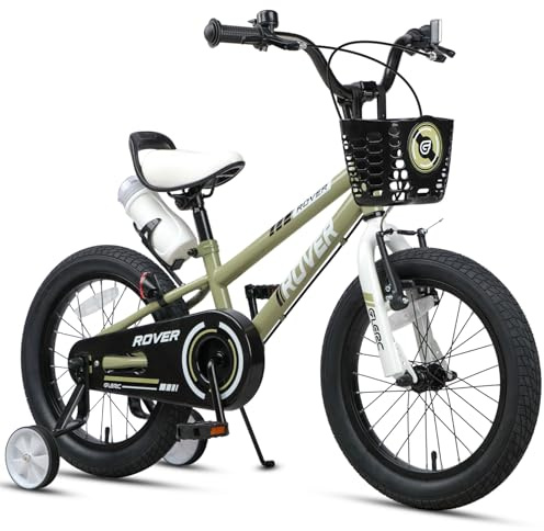 Glerc Rover barncykel 16 tum för barn 4 5 6 7 år pojkar flickor cyklar med flaska och stabilisatorer och korg, armégrön