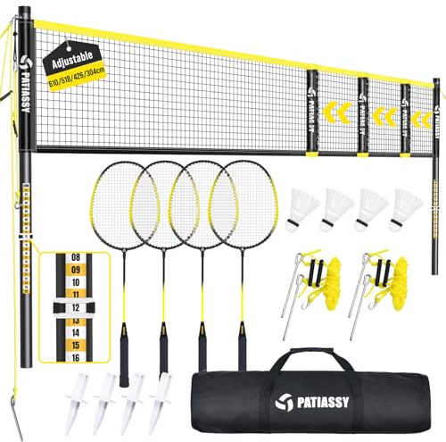 Red de Bádminton Portátil para Jardín - Ajustable en 4 Anchos 6/5,1/4,2/3 m Set Completo con 4 Raqueta 3 Volante Soporte y Bolsa de Transporte Ideal para Interiores, Exteriores, Patio Trasero o Playa