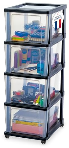 Iris Ohyama, Tour de rangement, 4 Grands Tiroirs, Noir, KMC-304 | Caisson de bureau et organisateur sur roulettes. Un meuble rangement parfait comme rangement pour espace de travail
