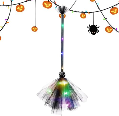 Häxkvast dekorativt kostymtillbehör med LED-ljusnät | Halloweenfest, upplyst kvast, för inomhus- och utomhusbruk, trädgård, uteplats, dörr, veranda träd
