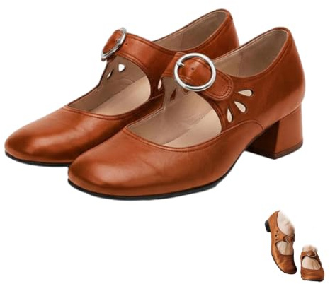 Dam Mary Jane tjocka klackskor vintage rund tå lågklackade pumpar, Brun, 39.5 EU | Retro stängd tå pumps utskuren rem, låg blockklack och bekväm passform för kontor, bröllop, fest och avslappnad stil