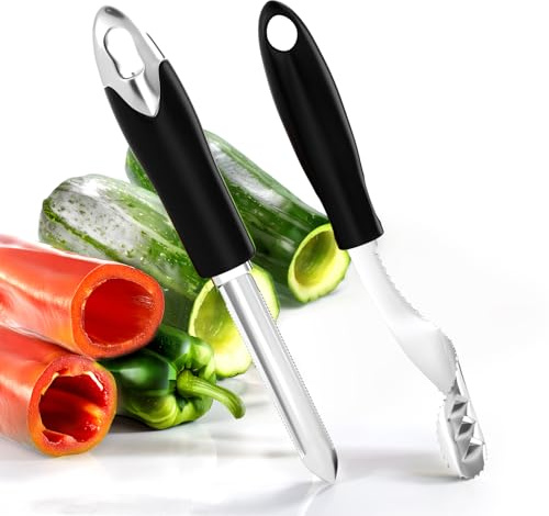 Jalapeno Pepper Corer & Zucchini/Cucumber Corer, Set of 2, Newness Stainless Steel Core Deseeder Kitchen Tool with Serrated Slice and Rubber Handle, Easy for Seed Remover or Slice off Vegetables tops