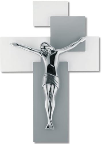CROCIFISSO CROCE DA PARETE 42X30 MODERNO CRISTO COLORE ARGENTO LEGNO BIANCO GRIGIO ME12103G