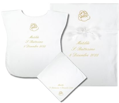 Coccole - Set 3 Pezzi per Battesimo Fazzoletto, Vestina e Busta - Set Completo Personalizzato con Nome e Data a Tema Angioletto Oro - Kit 3 Pezzi Battesimo in Tessuto Piquet 100% Made in Italy