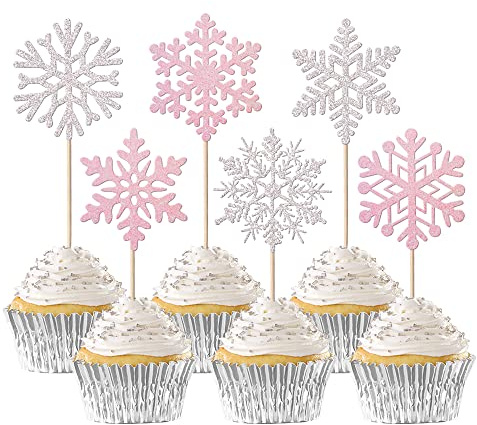 24 pezzi fiocco di neve cupcake topper inverno congelato tema decorazione torta inverno Wonderland torta decorazioni per ragazze compleanno congelato tema festa natale decorazione rosa argento