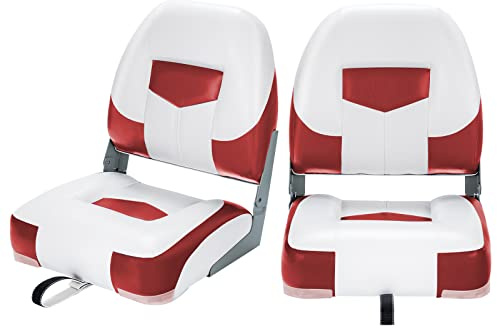 COSTWAY Siège de Bateau Pliante Lot de 2 avec Rembourrage en Mousse, Siège de Pêche à Dossier Bas Résistant aux Intempéries Charge 110KG, pour Plupart Bases de Soutien (Rouge et Blanc)