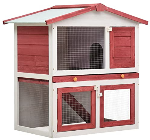IKAYAA Establo para animales pequeños de 2 niveles, jaula para animales pequeños, jaula para animales pequeños, jaula para gallinero, conejera, 3 puertas, recinto de madera para conejos